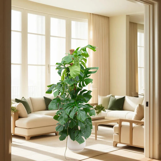 Monstera Pertusum XL inclusief elho Vibes Fold Round wit Ø30 - 150 cm